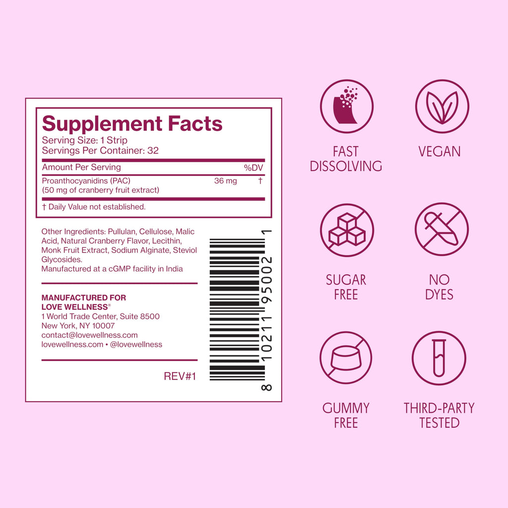 Love Wellness Urinary Tract* Quick Melt Strips - Fast-Dissolving UT Support with 36 mg PACs from Cranberry Fruit Extract - Promotes Urinary Health* - No Water Needed - Vegan and Sugar Free - 32 Strips Love Wellness Au supplements
