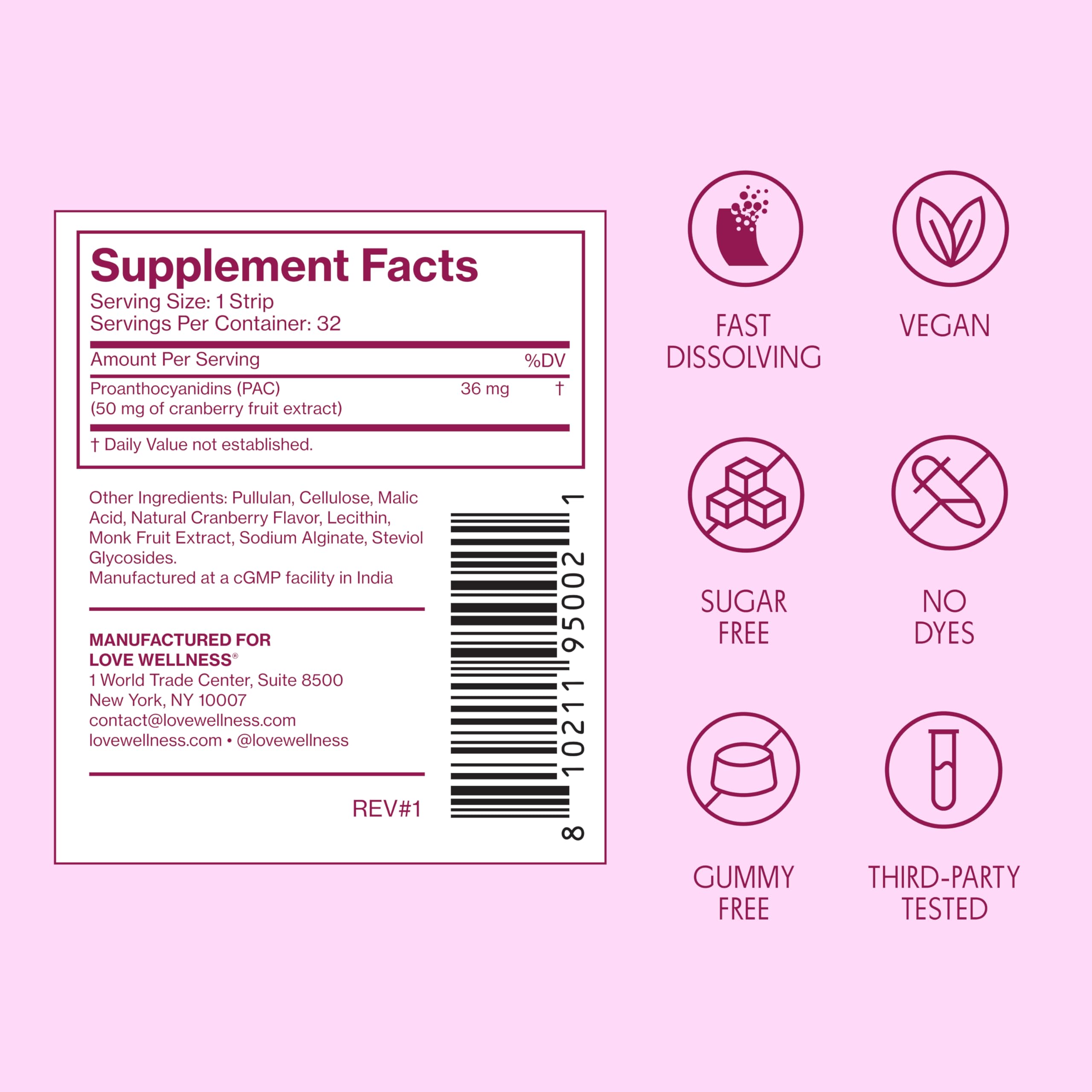 Love Wellness Urinary Tract* Quick Melt Strips - Fast-Dissolving UT Support with 36 mg PACs from Cranberry Fruit Extract - Promotes Urinary Health* - No Water Needed - Vegan and Sugar Free - 32 Strips Love Wellness Au supplements