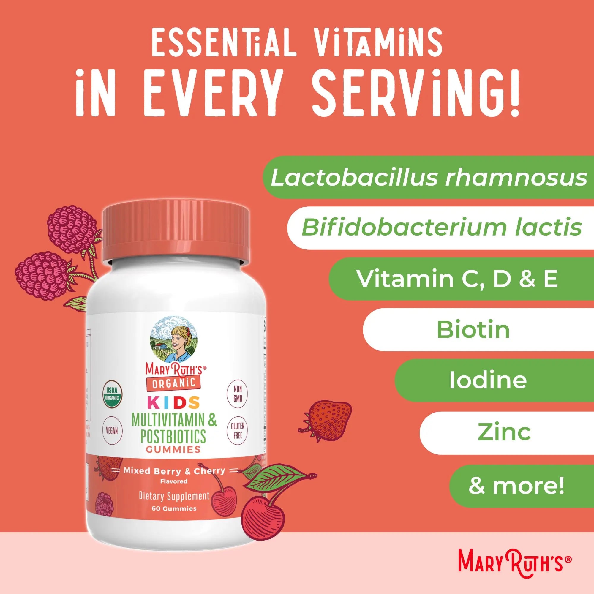 Kids Vitamins by MaryRuth's | USDA Organic | Multivitamin Gummies + Postbiotics for Ages 4+ | Multivitamin for Kids with Lactobacillus Rhamnosus | MaryRuth Organics Au supplements