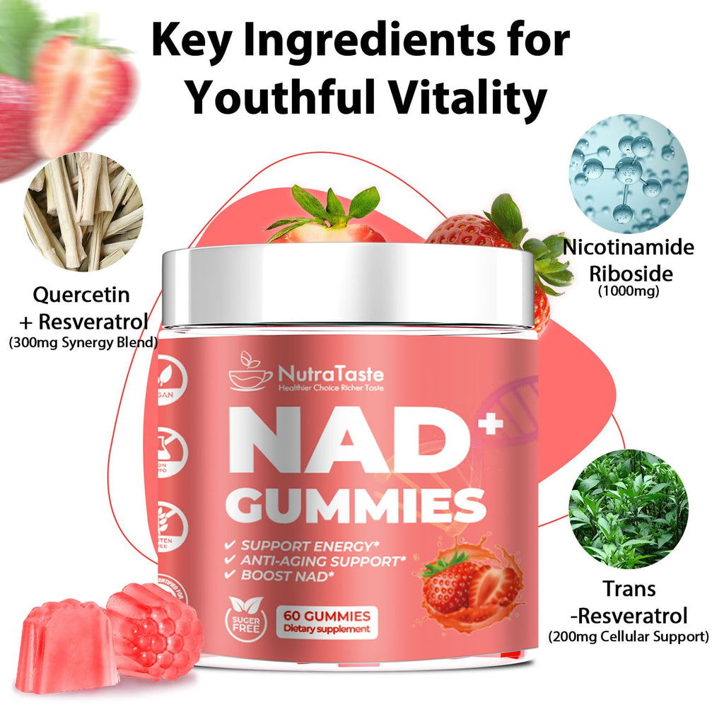 NUTRATASTE HEALTHIER CHOICE RICHER TASTE NAD⁺ Gummies Supplement for Anti-Aging, Energy & Focus Boost | Resveratrol, Nicotinamide Riboside | Strawberry Flavor, Vegan, Sugar-Free,60 Count (Pack of 1) NUTRATASTE HEALTHIER CHOICE RICHER TASTE Au supplements
