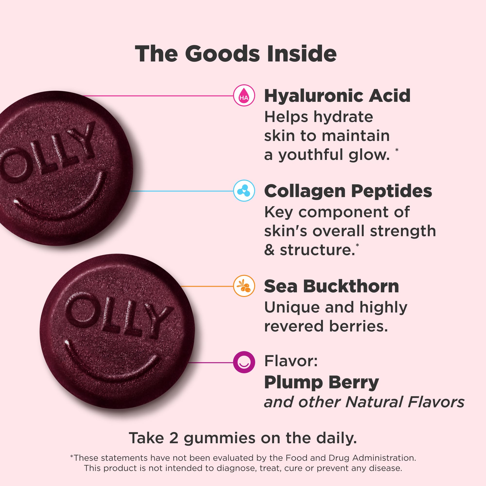 OLLY Glowing Skin Gummy, Hydrated & Youthful Skin,* Hyaluronic Acid, Collagen Peptides, Sea Buckthorn, Plump Berry Flavor