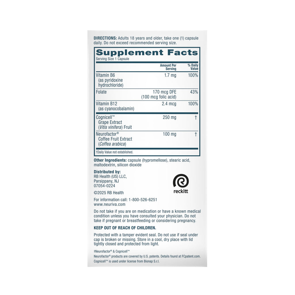 NEURIVA Memory 3D Brain Supplement - Decaffeinated Nootropic Capsules for Memory, Focus, & Cognitive Function - Short Term, Long Term, & Working Memory Support - 50ct NEURIVA Au supplements