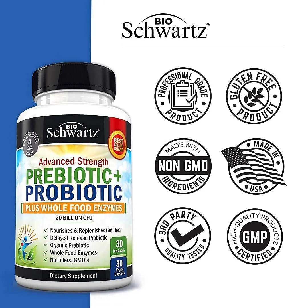 Probiotic & Prebiotic Digestive Health Capsules - 30ct, Gluten & Dairy Free, Non-GMO BioSchwartz Au supplements