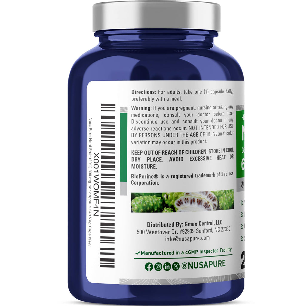 NusaPure Noni Fruit 20:1 Extract, 300 mg Equivalent to 6,000 mg 240 Capsules Suitable for Vegetarian/Vegan, Non-GMO NusaPure Au supplements