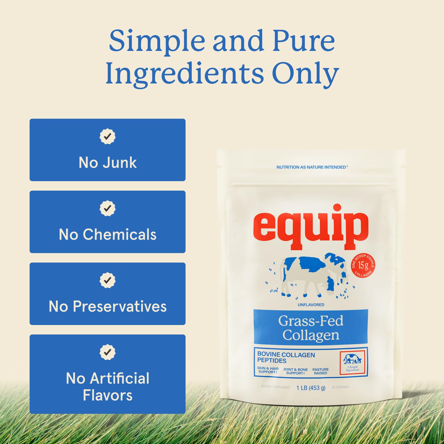 Equip Foods Grass Fed Collagen Powder | Hydrolyzed Bovine Collagen Peptides with Amino Acids | Prime Beef Collagen for Healthy Joints, Skin & Nails | Non-GMO, Paleo Friendly
