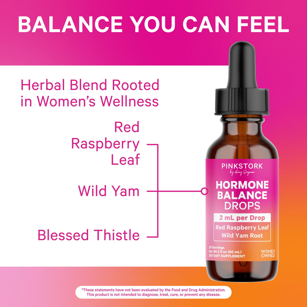 Pink Stork Hormone Balance Drops for Women - Supports Hormonal Health, PMS, Perimenopause & Mood, with Red Raspberry Leaf & Wild Yam - Liquid Supplement - Vegan, 2oz, 30 Servings Pink Stork Au supplements
