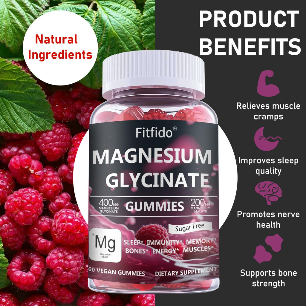 Magnesium Glycinate Gummies 400mg, Chewable Sugar Free Magnesium Supplement with Magnesium Glycinate, Magnesium Malate and Protein for Sleep, Relaxation, Brain & Muscle - Vegan (60 Count, Raspberry) Fitfido Au supplements