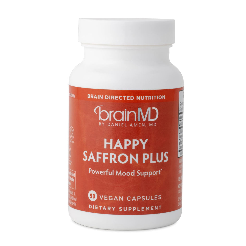 BRAINMD Dr Amen Happy Saffron Plus - 90 Capsules - with Saffron Flower Extract, Curcumin & Zinc - Vegan