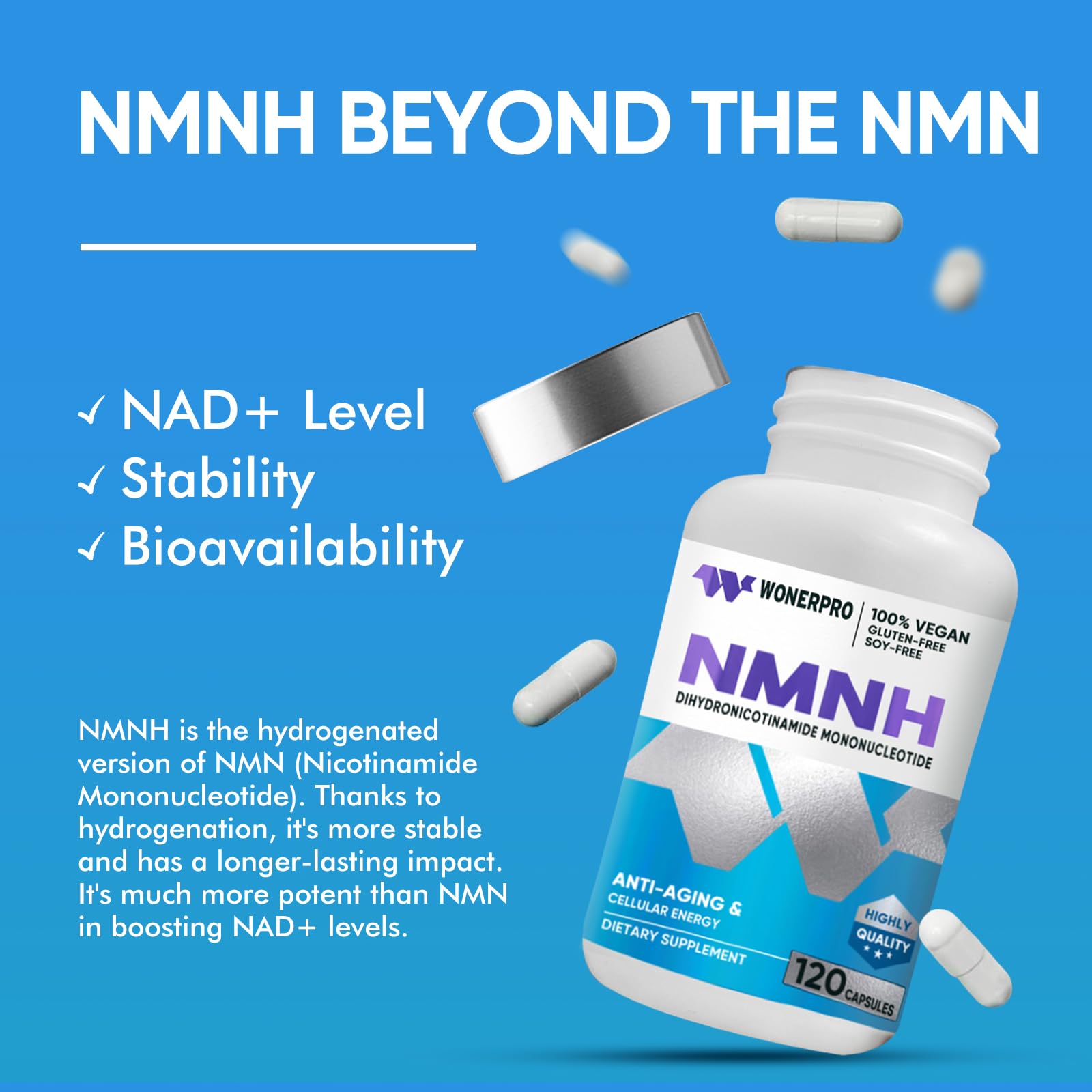 WONERPRO NMNH (NMN Supplement Alternative)，1000mg Per Serving NAD Supplement to Boost NAD+ Levels as We Age, for Anti Aging, Energy, Focus - 120 Capsule WONERPRO Au supplements