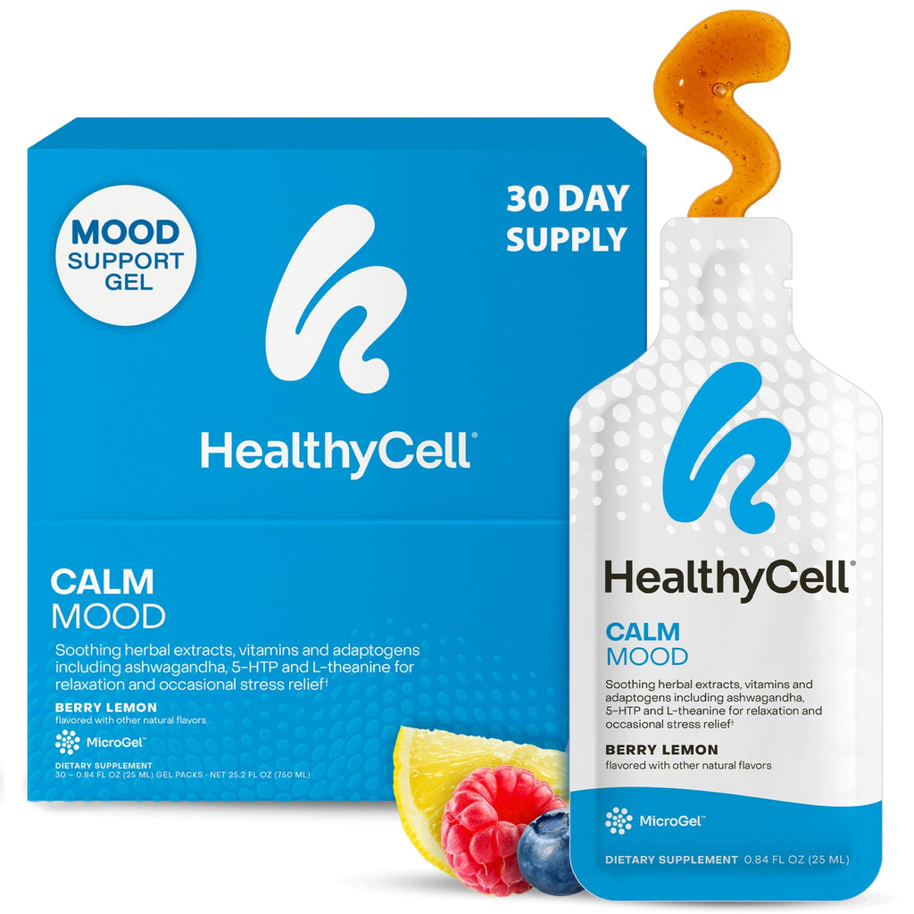 Healthycell Calm Mood Daily Liquid Supplement - Cortisol Manager & Mood Support Supplement for Stress with Ashwagandha, L-Theanine, Magnesium, 5-HTP, GABA & Saffron - 30 Gel Packs Healthycell Au supplements