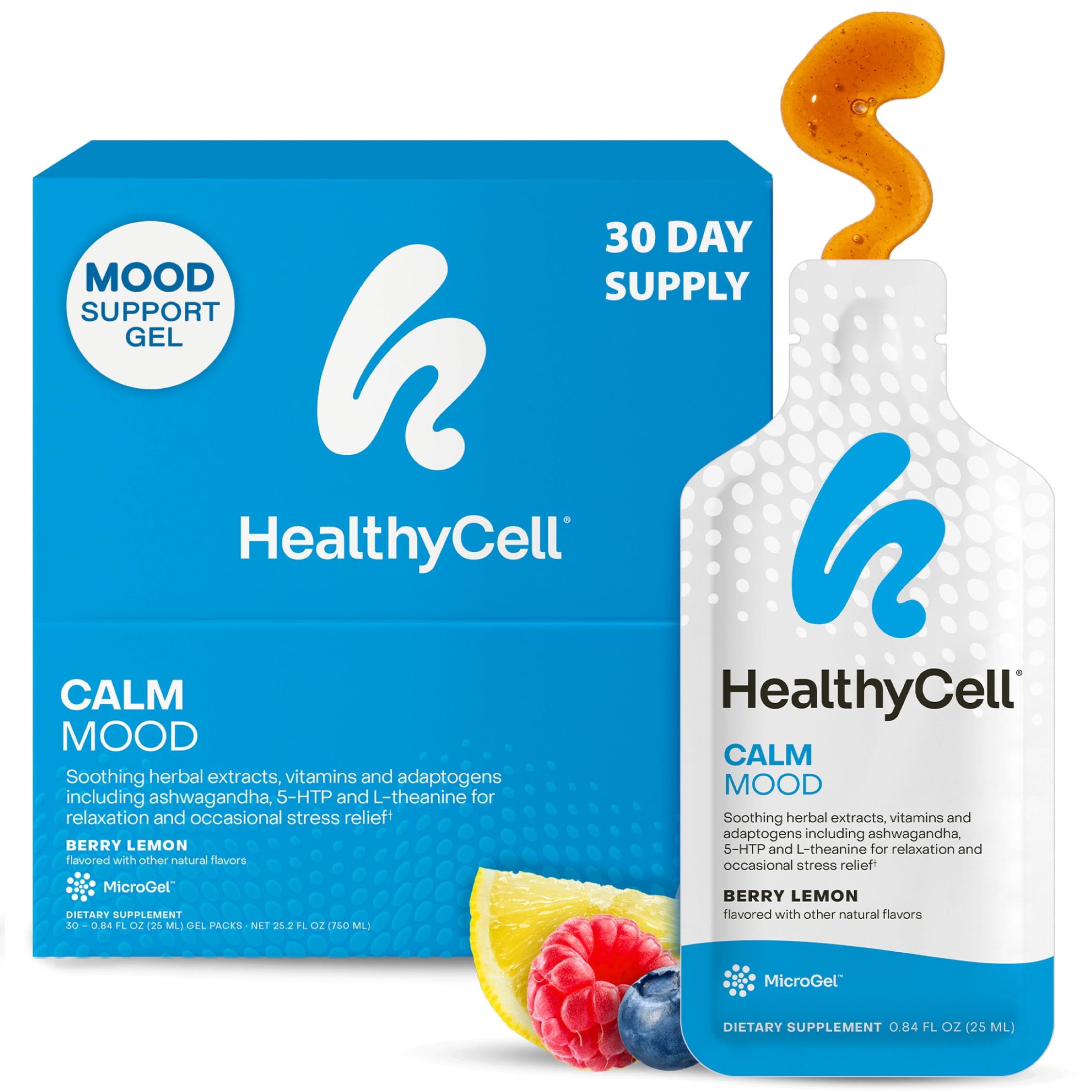 Healthycell Calm Mood Daily Liquid Supplement - Cortisol Manager & Mood Support Supplement for Stress with Ashwagandha, L-Theanine, Magnesium, 5-HTP, GABA & Saffron - 30 Gel Packs Healthycell Au supplements