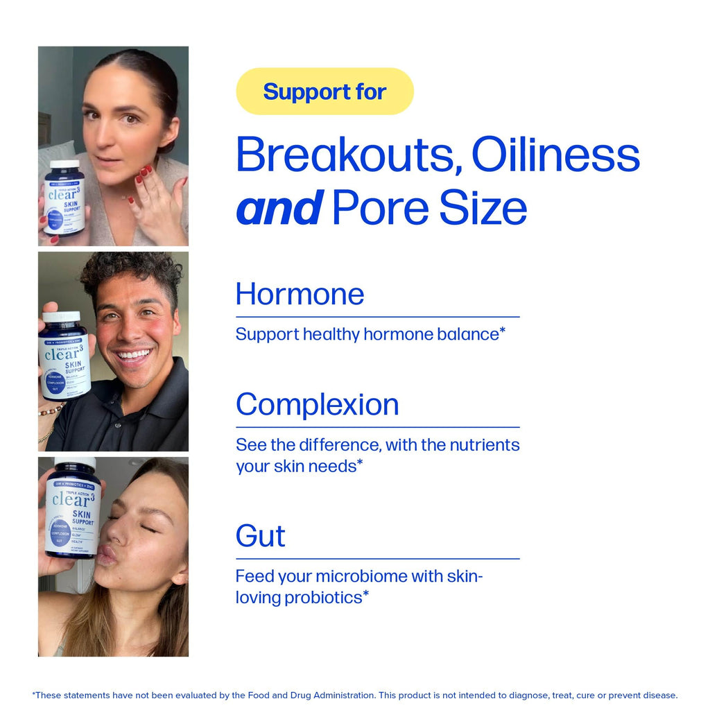 Clear Skin Supplement with Zinc, DIM & Probiotics | 3-in-1 Balance, Glow & Health Skin Support | Triple Action Hyaluronic Acid, Niaciminide & Vitamins for Hormone