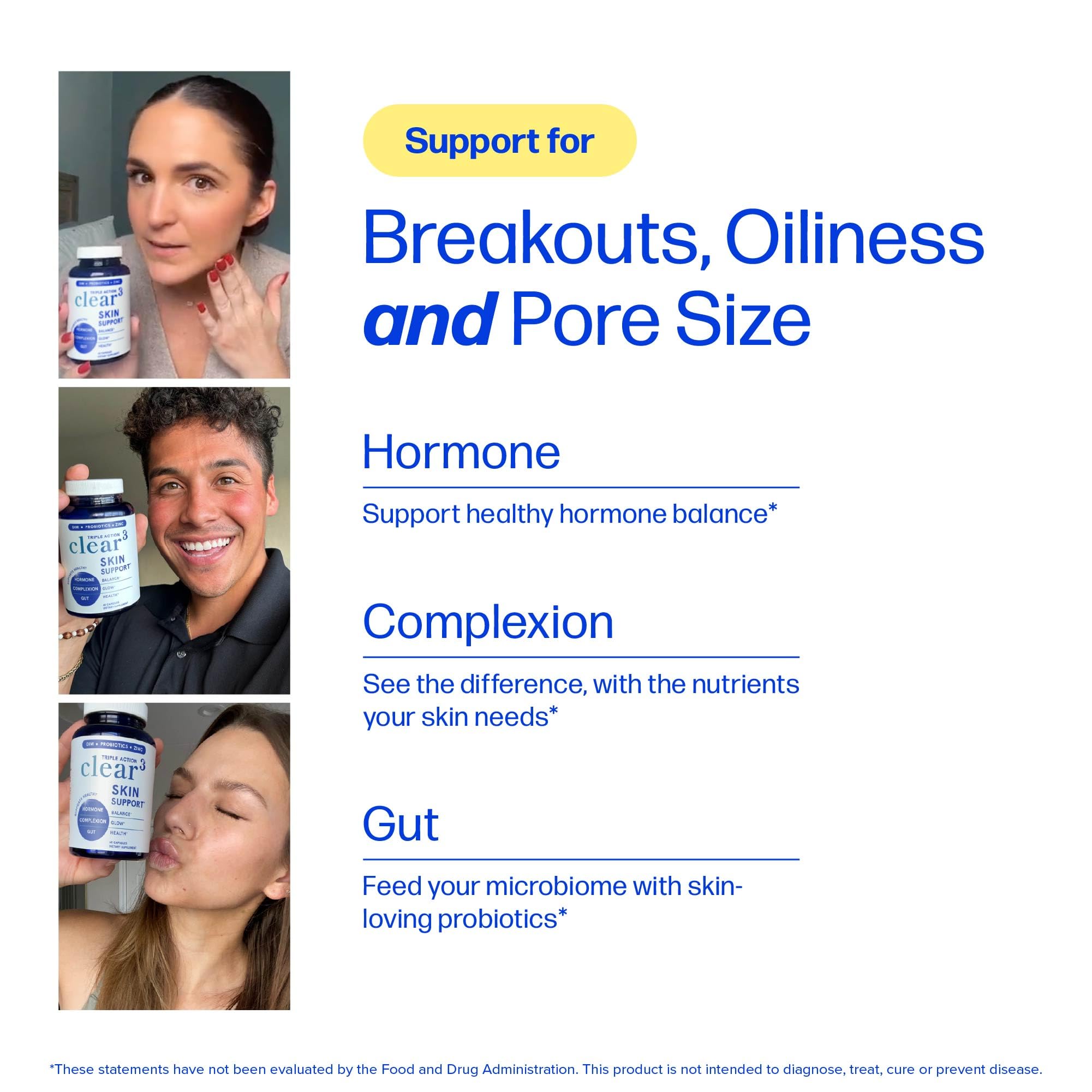 Clear Skin Supplement with Zinc, DIM & Probiotics | 3-in-1 Balance, Glow & Health Skin Support | Triple Action Hyaluronic Acid, Niaciminide & Vitamins for Hormone