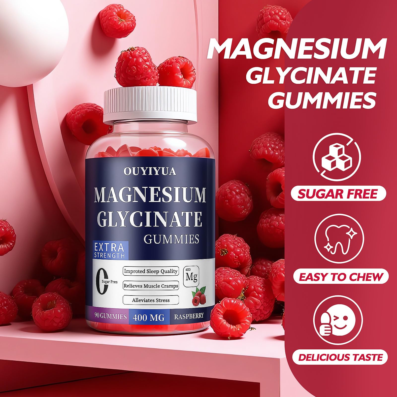 Magnesium Glycinate 400mg Gummies, Sugar Free Magnesium Gummies with Vitamins D, B6 for Sleep Support,