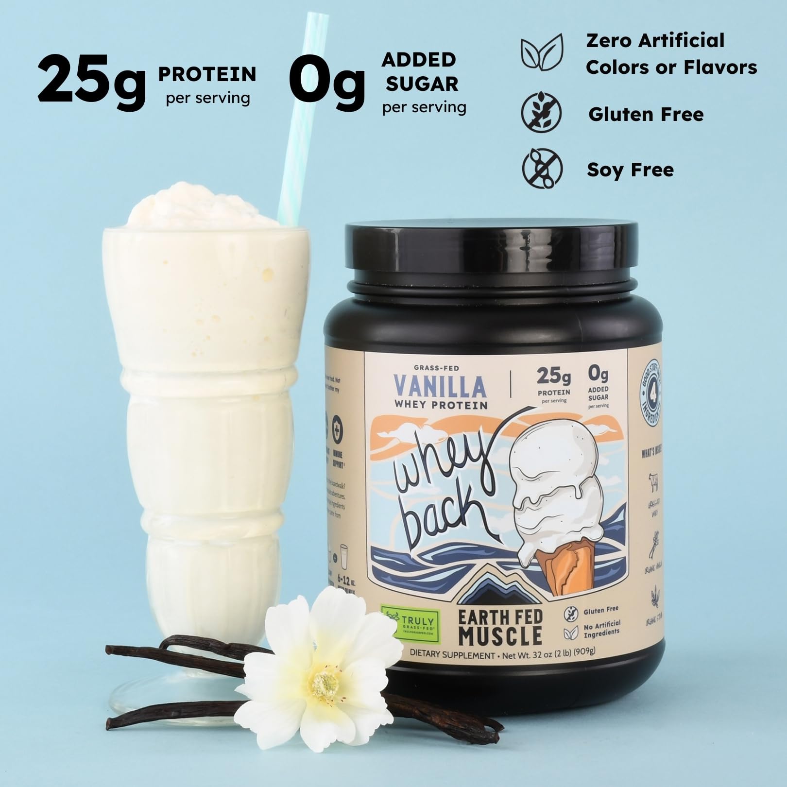 Earth Fed Muscle Whey Back Irish Grass Fed Whey Protein Isolate, Third-Party Certified. 25g Protein, Vanilla - Non-GMO, Hormone Free, Soy Free, Gluten Free - 2 LB, 29 Servings