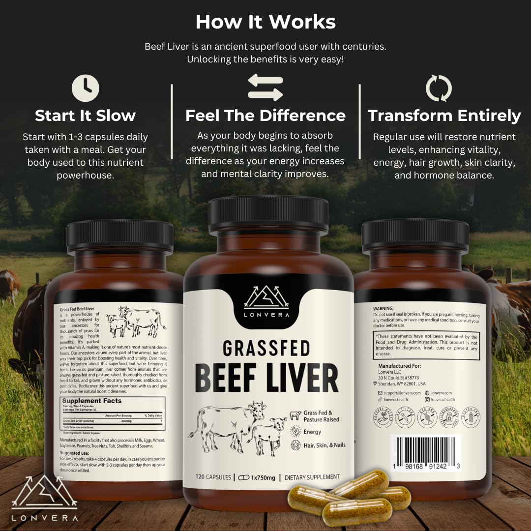 Lonvera Grass Fed Beef Liver Capsules for Women and Men – 3000mg Freeze Dried Desiccated Organs – Nutrient Source for Joints, Bones, Hair, Skin