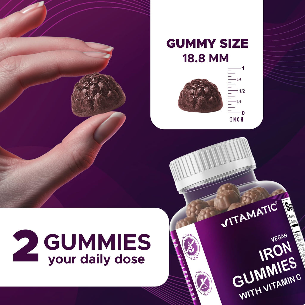 Vitamatic Iron 65 mg Gummies Supplement for Women & Men - 60 Vegan Gummies - Great Tasting Iron Gummy Vitamins with Vitamin C (1)