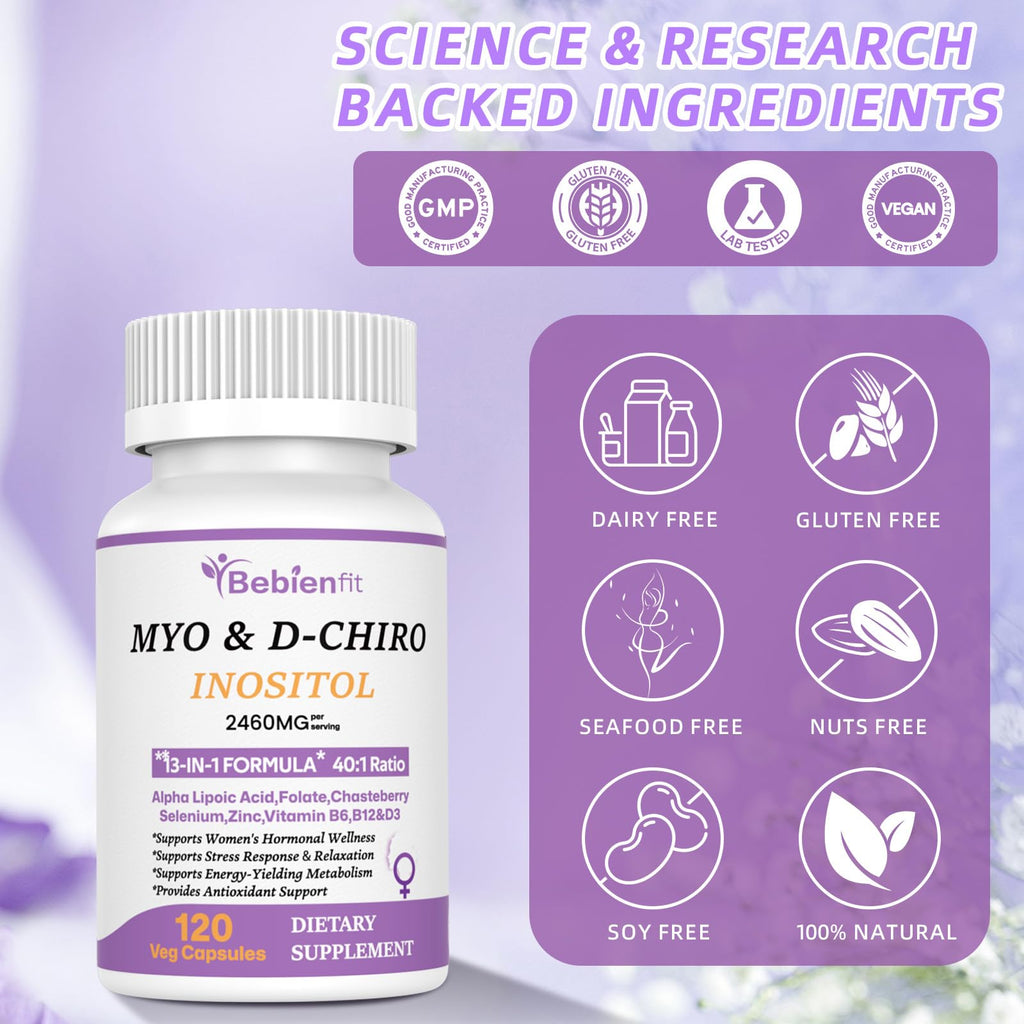 13-in-1 Myo Inositol & D-Chiro Inositol for Women PCOS,Hormonal Balance,2460mg-40:1 Ratio,Ovarian Health&Cycle Support Supplement Plus Alpha Lipoic Acid/Folate/Vitex/Magnesium/Multivitamin,120 Veg Cap Bebien fit Au supplements