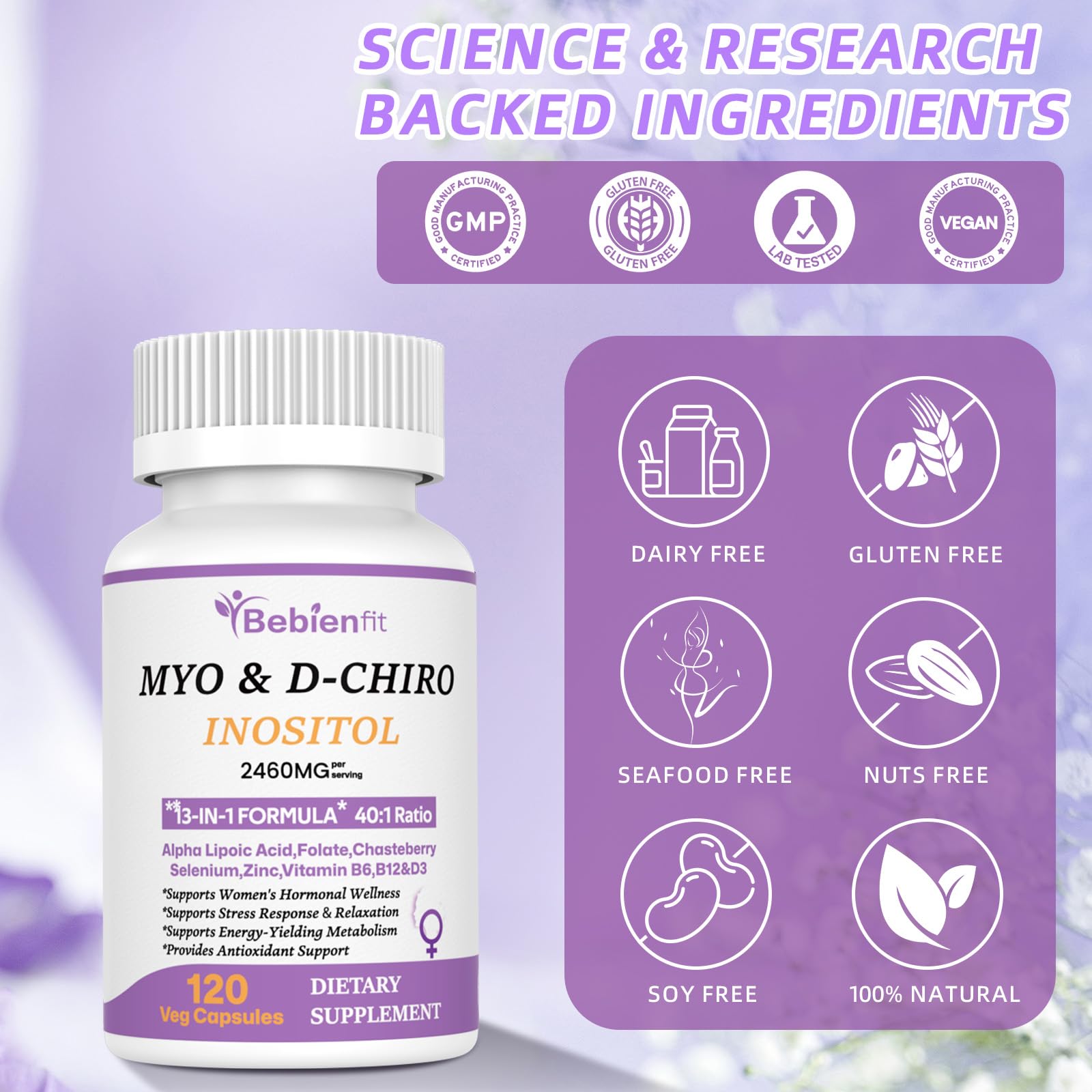 13-in-1 Myo Inositol & D-Chiro Inositol for Women PCOS,Hormonal Balance,2460mg-40:1 Ratio,Ovarian Health&Cycle Support Supplement Plus Alpha Lipoic Acid/Folate/Vitex/Magnesium/Multivitamin,120 Veg Cap Bebien fit Au supplements