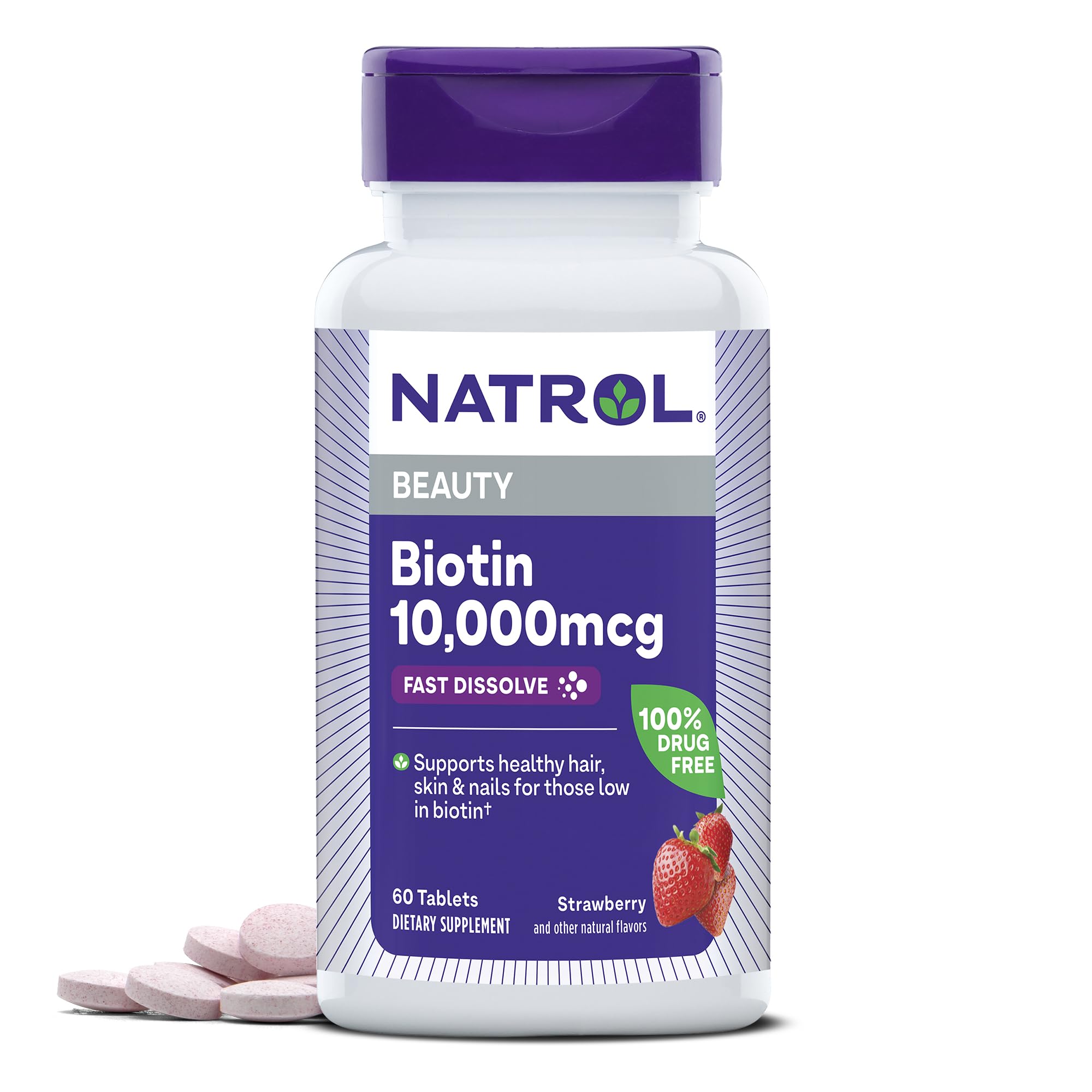 Natrol Biotin 10000mcg, 4X Faster Dissolve Supplement for Healthy Hair, Skin and Nails for Those Low in Biotin, Plus Energy Metabolism Support