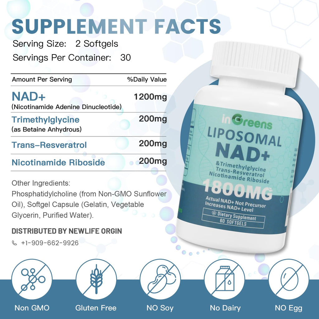 inGreens Liposomal NAD+ Supplement 1800 mg with Nicotinamide Riboside, Trans Resveratrol, Trimethylglycine，Replaces NMN, Boost NAD+, Aging Defense，Cellular Energy, 120 Softgels inGreens Au supplements