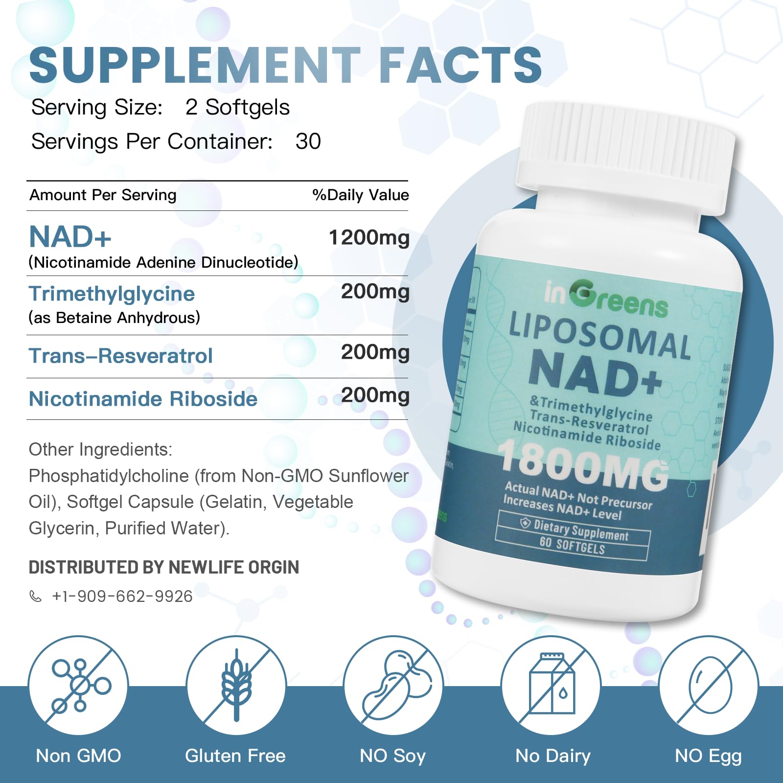 inGreens Liposomal NAD+ Supplement 1800 mg with Nicotinamide Riboside, Trans Resveratrol, Trimethylglycine，Replaces NMN, Boost NAD+, Aging Defense，Cellular Energy, 120 Softgels inGreens Au supplements