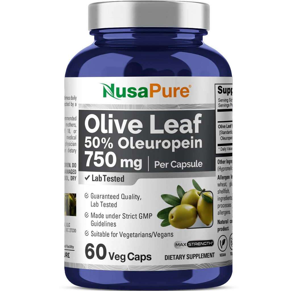 NusaPure Olive Leaf Extract 750 mg - 50% Oleuropein - Vegan and Vegetarian Non-GMO - Super Strength - No Oil - 60 Capsules NusaPure Au supplements
