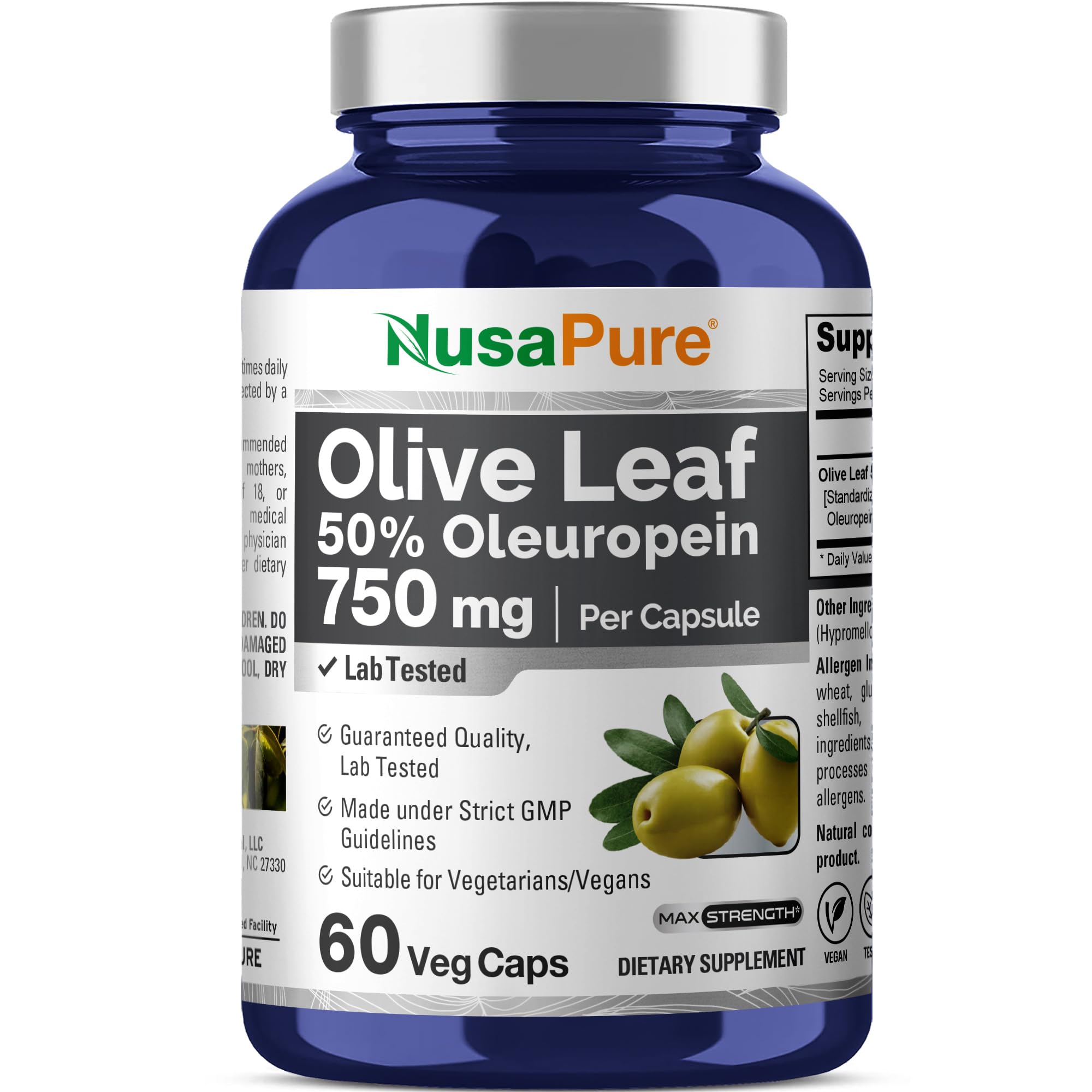 NusaPure Olive Leaf Extract 750 mg - 50% Oleuropein - Vegan and Vegetarian Non-GMO - Super Strength - No Oil - 60 Capsules NusaPure Au supplements