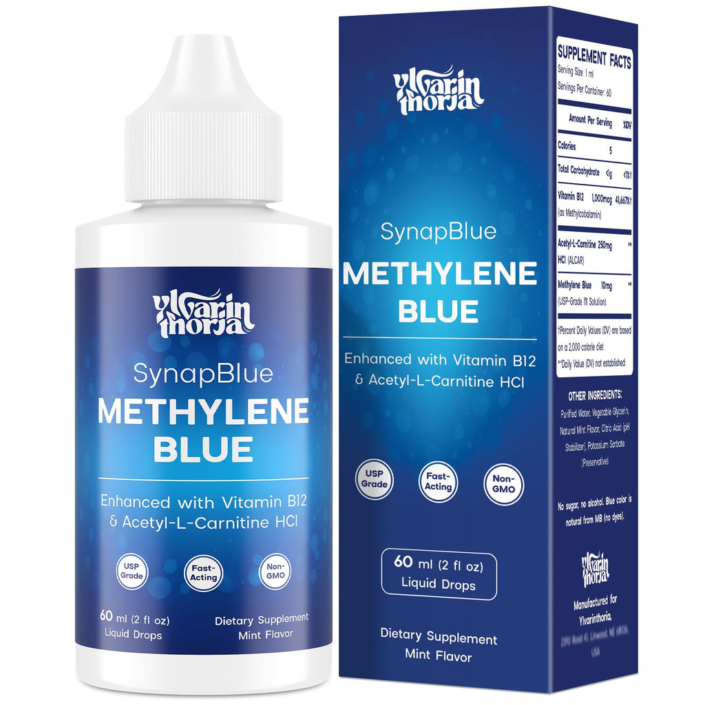 Methylene Blue Drops for Humans, 1% USP Grade – Dropper-Free No-Touch Bottle, Brain Supplement for Memory and Focus – Fast-Acting Nootropic with Methyl B12 & ALCAR – Caffeine-Free, Mint Flavor, 2oz YLVARIN THORIA Au supplements