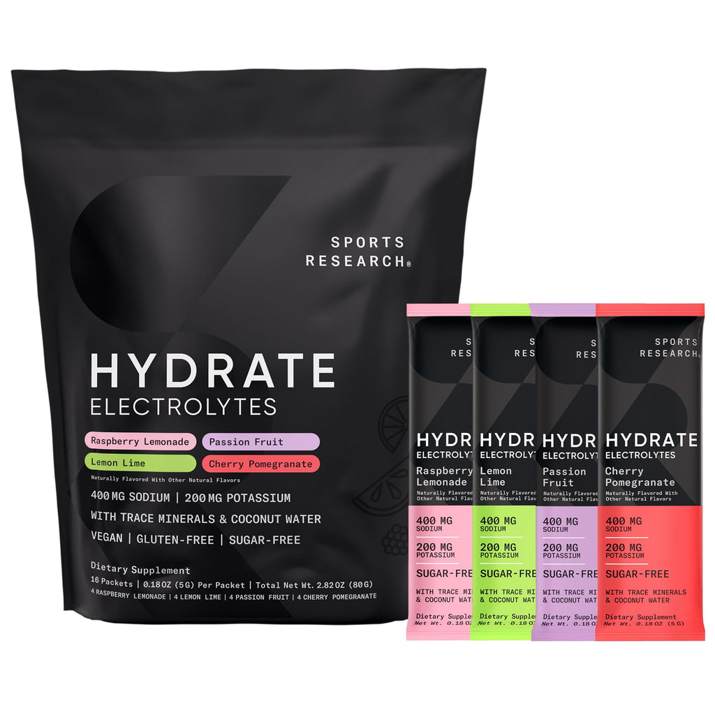Sports Research® Hydrate Electrolytes Powder Packets - Sugar-Free & Naturally Flavored with Vitamins, Minerals, and Coconut Water - Supports Hydration - 16 Packets - Variety Pack
