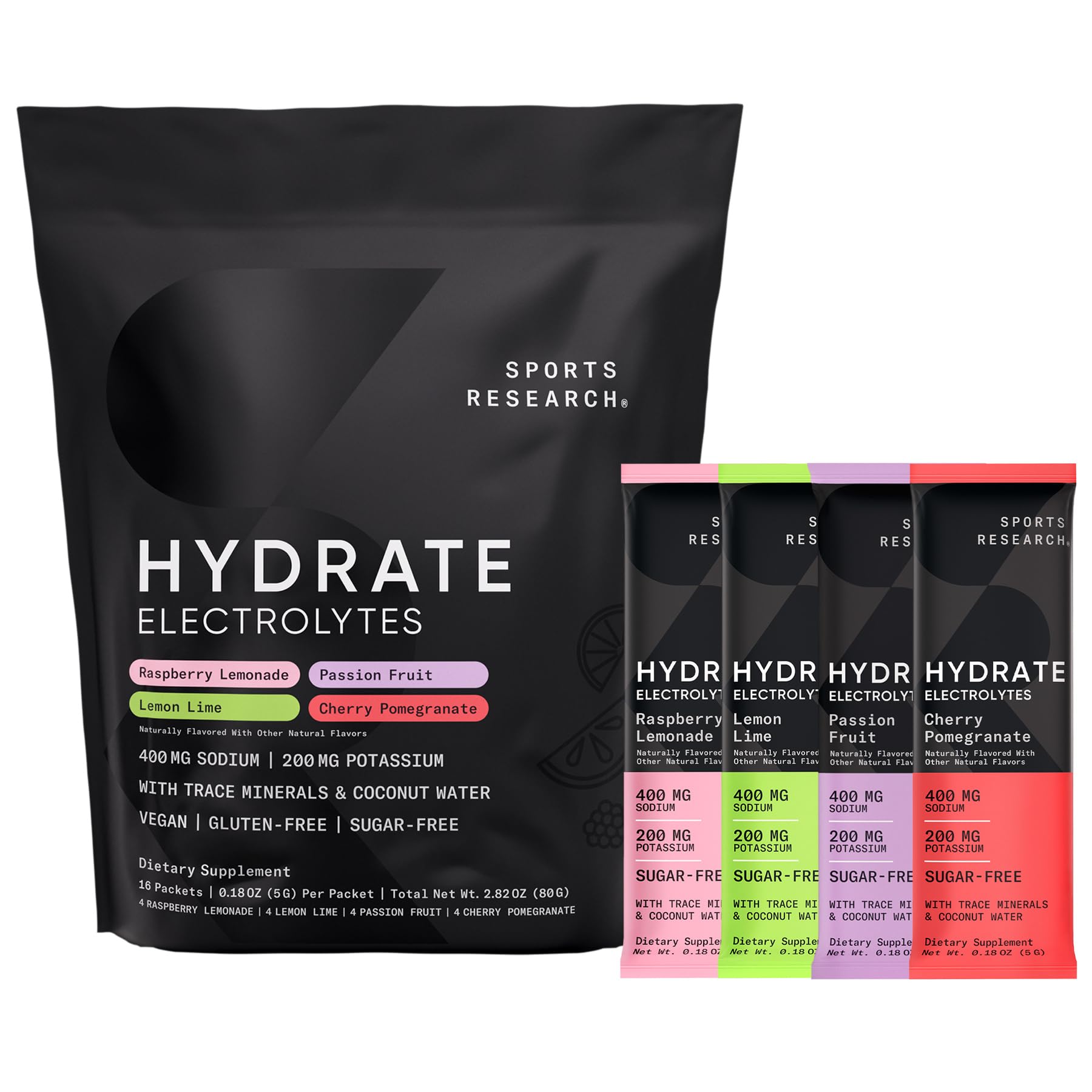 Sports Research® Hydrate Electrolytes Powder Packets - Sugar-Free & Naturally Flavored with Vitamins, Minerals, and Coconut Water - Supports Hydration - 16 Packets - Variety Pack