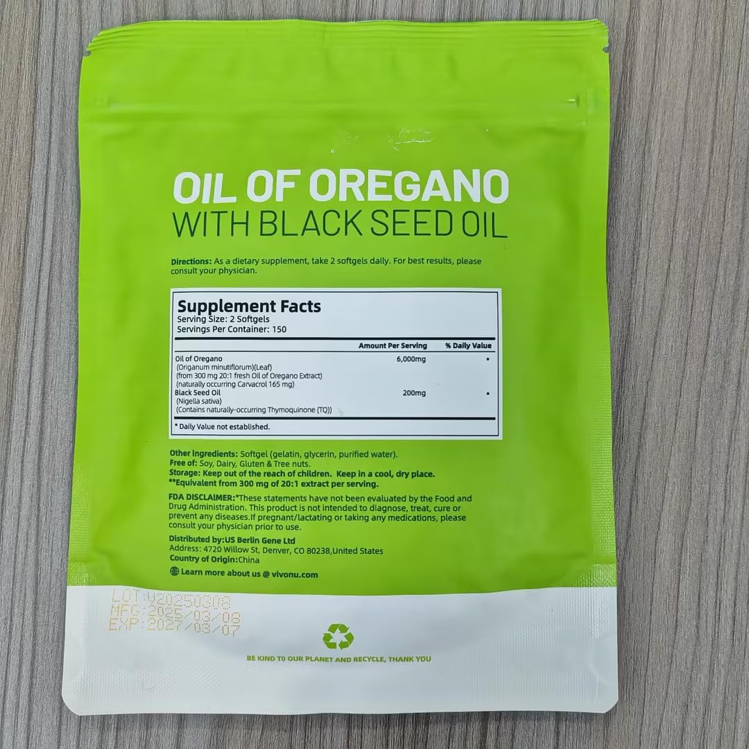 VivoNu Oil of Oregano with Black Seed Oil, Balanced Oil of Oregano Capsules, 300 Count Organic OreganoOil Softgels