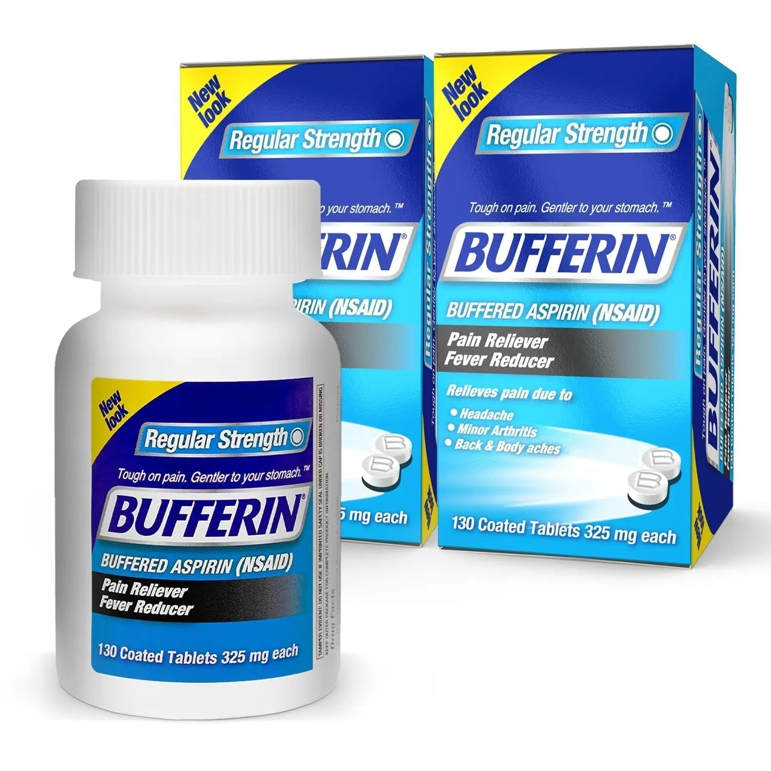 Bufferin Aspirin 325mg, Pain Reliever & Fever Reducer, with 3 Buffering Agents Relieves 7 Types of Pain: Headaches, Back Ache, Arthritis, Muscle Aches & More, for Adults, 130 Coated Tablets, 2-Pack Bufferin Au supplements