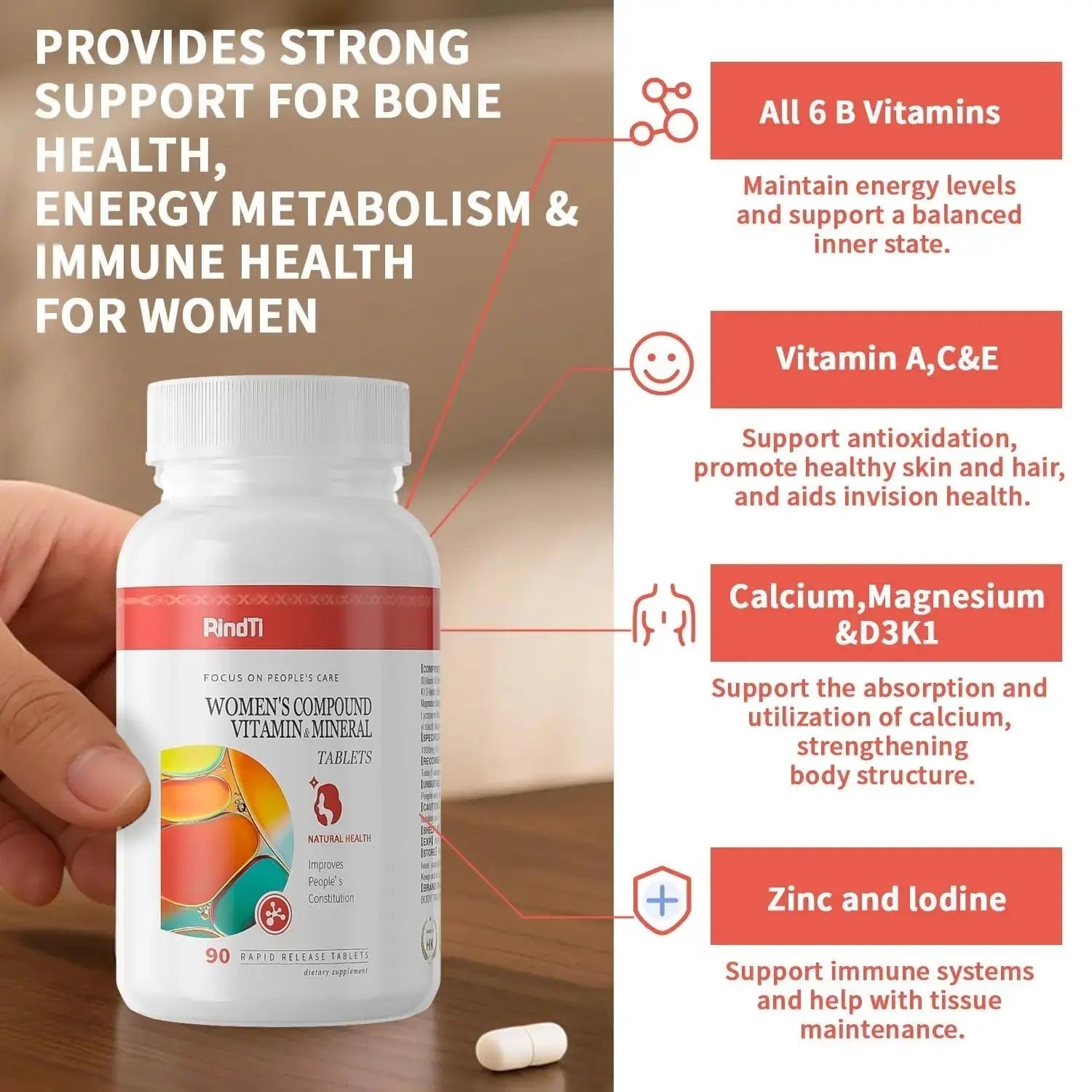 RindTi Multivitamin for Women 50+, Daily Women 50+ Multi-Vitamin with Vitamins A, B,C, E for Energy, & Bone & Immune & Skin& Hair Support, 90 ct RindTi Au supplements