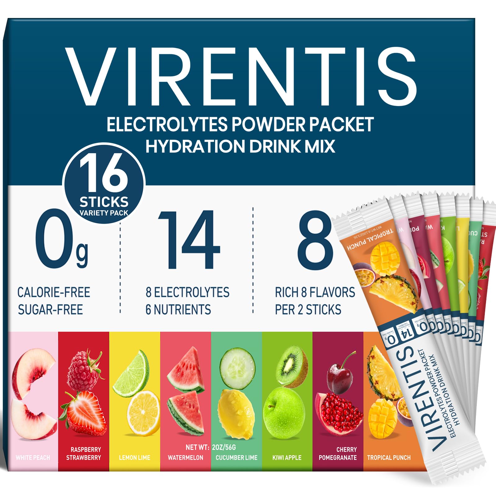 VIRENTIS 16 Sticks Electrolytes Powder Packets Sugar Free Hydration Packets, 8 Flavors Liquid Daily IV Electrolyte Drink Mix for Rehydration