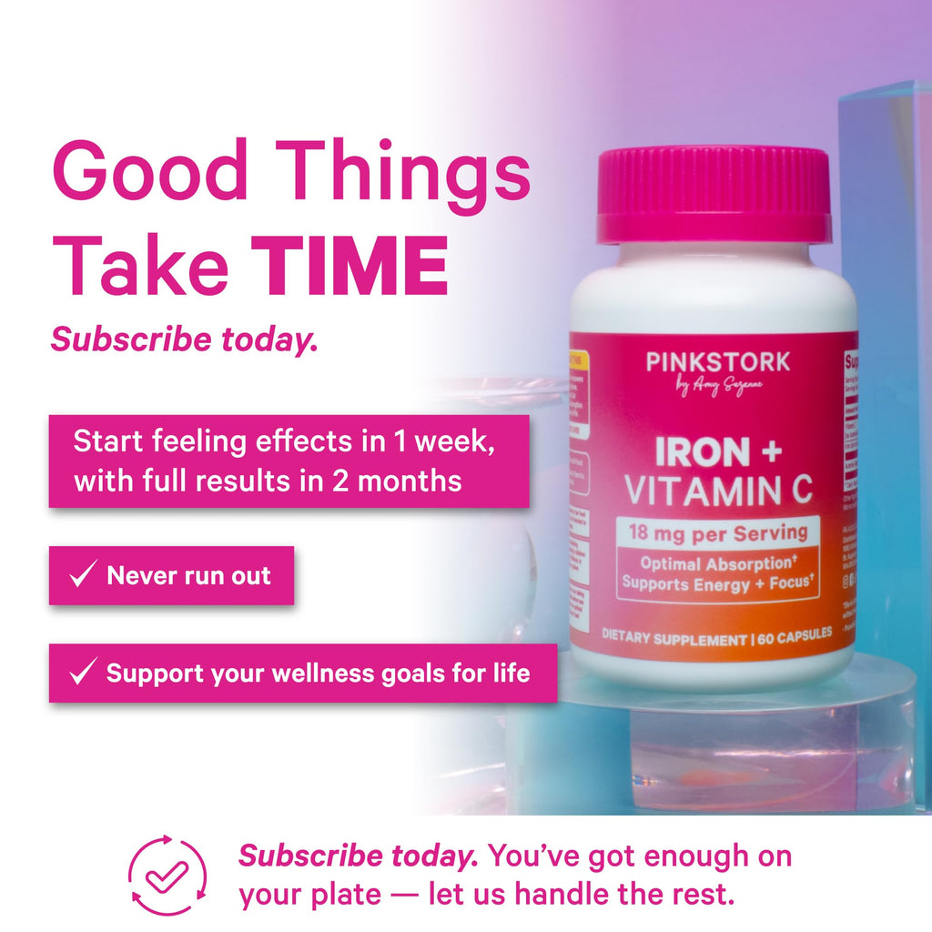 Pink Stork Iron for Women – 18 mg Non-Constipating Iron Bisglycinate + Vitamin C for Optimal Absorption – Energy, Focus, & Oxygen Supply – PMS, Pregnancy, Postpartum & Perimenopause - 60 Capsules Pink Stork Au supplements