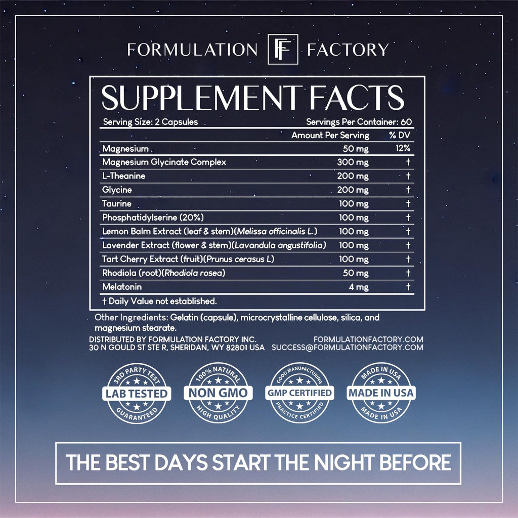 Formulation Factory The Night Before 10-in-1 Sleep Support | Melatonin 4mg, Magnesium Glycinate 300mg, L-Theanine, Glycine & More | Supports Relaxation,