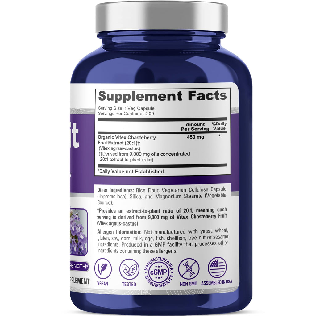 NusaPure Vitex Chasteberry Fruit 20:1 Extract, 450 mg Equivalent to 9,000 mg 200 Vegan Capsules - Non-GMO, Vegan Dietary Supplement NusaPure Au supplements