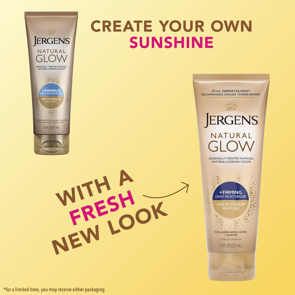 Jergens Natural Glow +Firming Self Tanner Body Lotion, Fair to Medium Skin Tone, Sunless Tanning Moisturizer