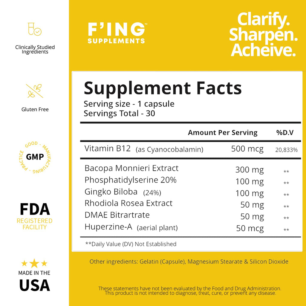 F'ing Clarity - Clarity, Memory + Brain Boosting Nootropic Supplement | Bacopa Extract, Phosphatidylserine 20%, Gingko Biloba Extract, Rhodiola Rosea Extract, DMAE Bitrartrate, B-12, Huperzine A F'ing Au supplements