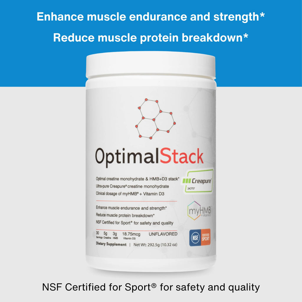 OptimalStack Creatine Monohydrate, HMB, & Vitamin D3 Stack | with Creapure Creatine, Clinical Dosage of myHMB, and Vitamin D3 | NSF for Sport Certified | Unflavored, 30 Servings OptimalAmino Au supplements