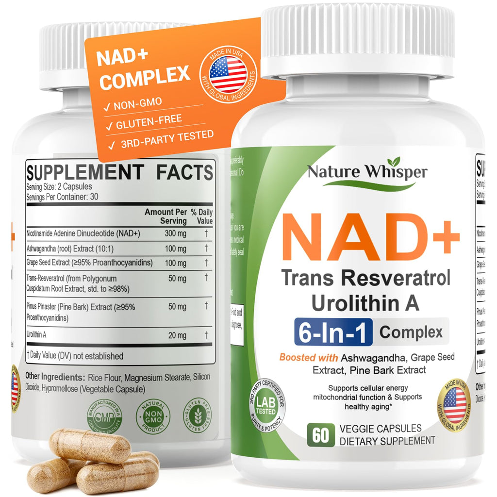 Nature Whisper NAD+ Supplement 620mg | 6-in-1 Complex with Resveratrol, Ashwagandha & Urolithin A - Daily Energy Stack for Focus, Brain Fog & Healthy Aging - 60 Capsules Nature Whisper Au supplements