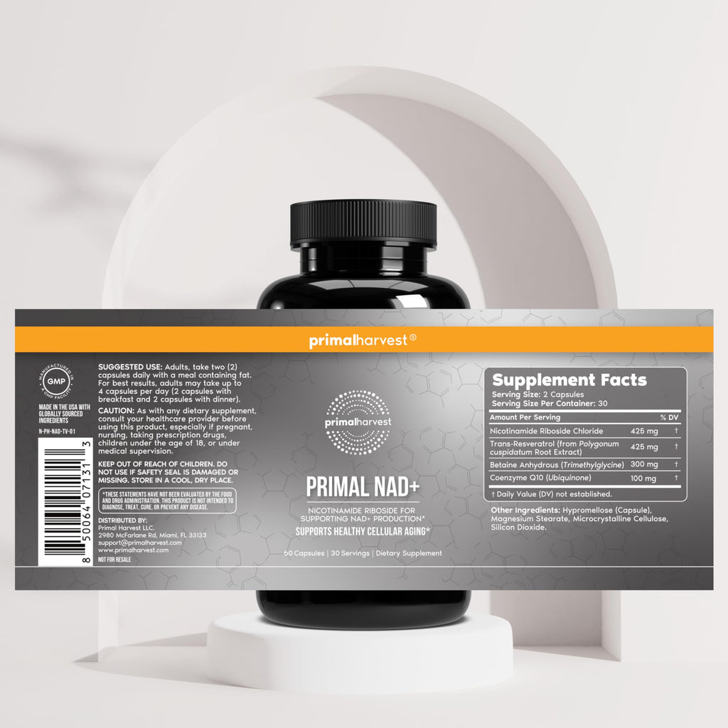 Primal Harvest NAD+ Supplement: Nicotinamide Riboside, Trans-Resveratrol, Betaine, CoQ10, NAD Supplements for Cellular Health, Energy, and Mitochondrial Support (60 Count (1 Pack) Primal Harvest Au supplements
