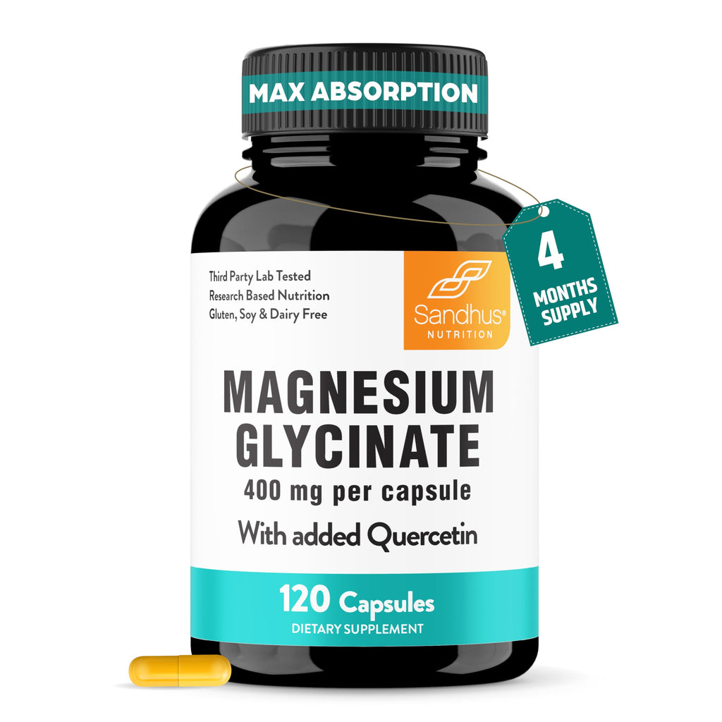 Magnesium Glycinate 400mg High Absorption Capsules with Quercetin | Quality Sleep, Relaxation & Muscle Health Supplement for Women and Men | Chelated Magnesium 120 Count