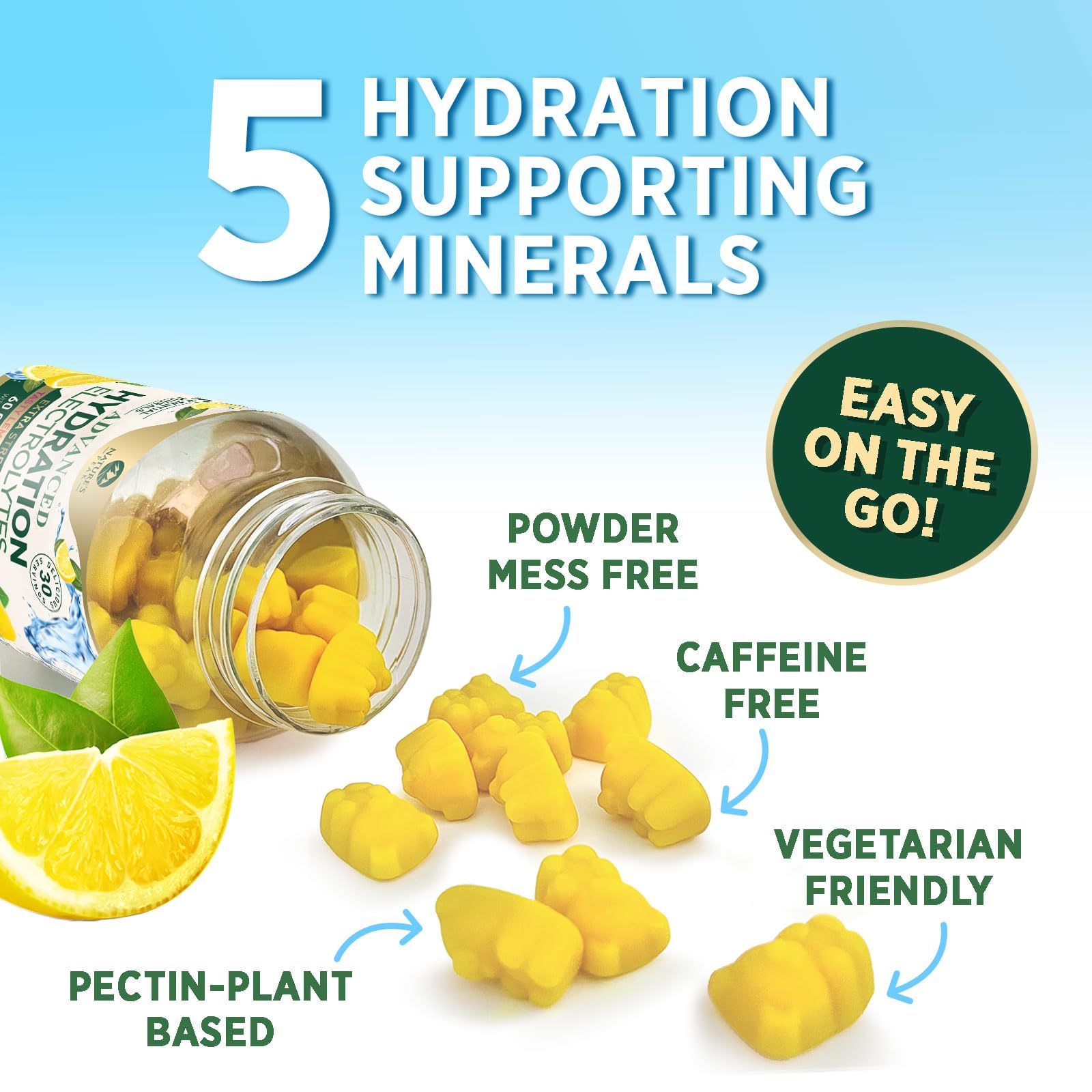 Hydration Electrolyte Gummies - Daily Liquid Replenisher Gummy - Electrolyte Multiplier with Minerals, Potassium & Real Salt - Vegan, Non-GMO - Tasty Lemon Flavor Hydration Electrolytes - 60 Gummies