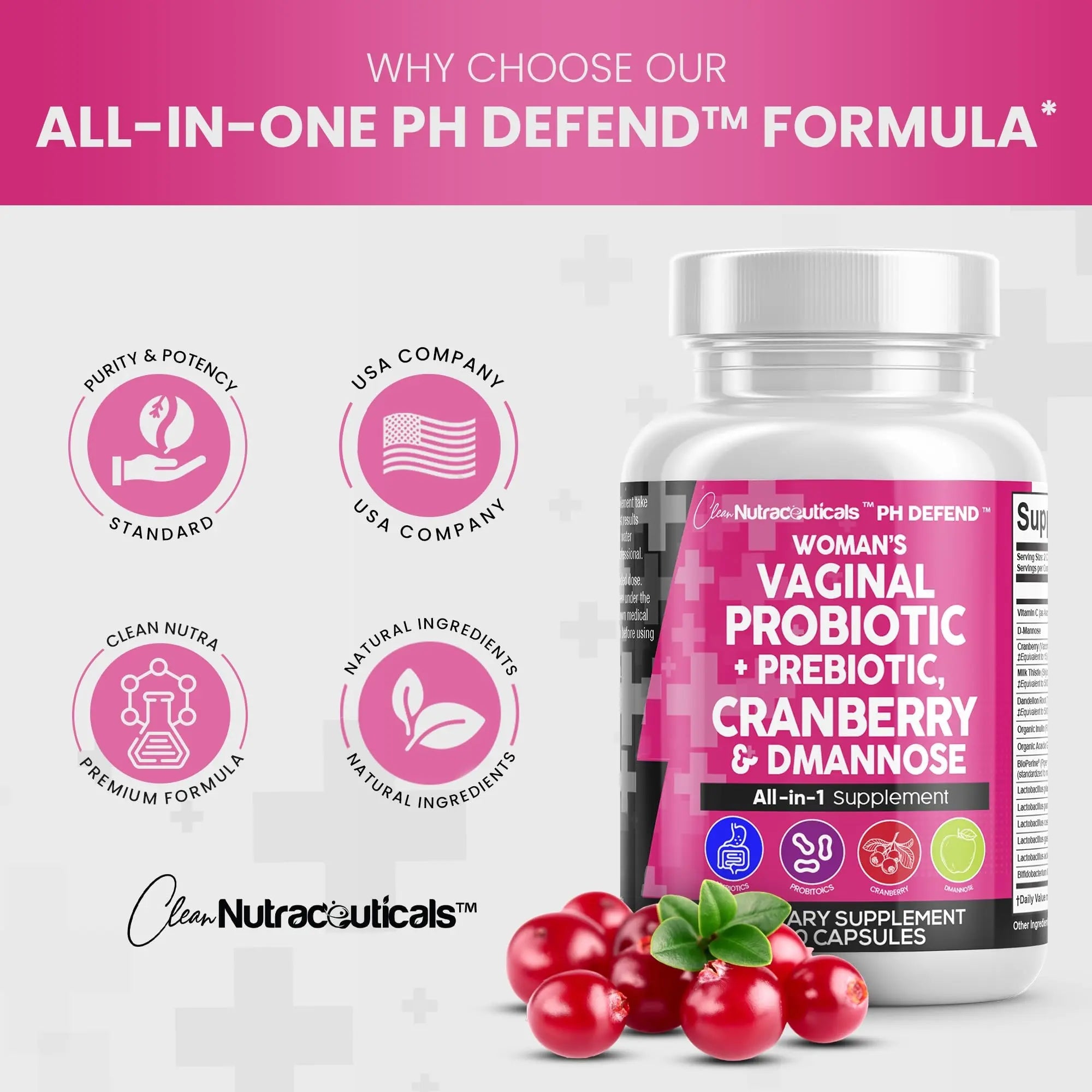 Vaginal Probiotics For Women + Prebiotics 20 Billion Cranberry Pills 30,000mg w/ D-Manno Clean Nutraceuticals Au supplements