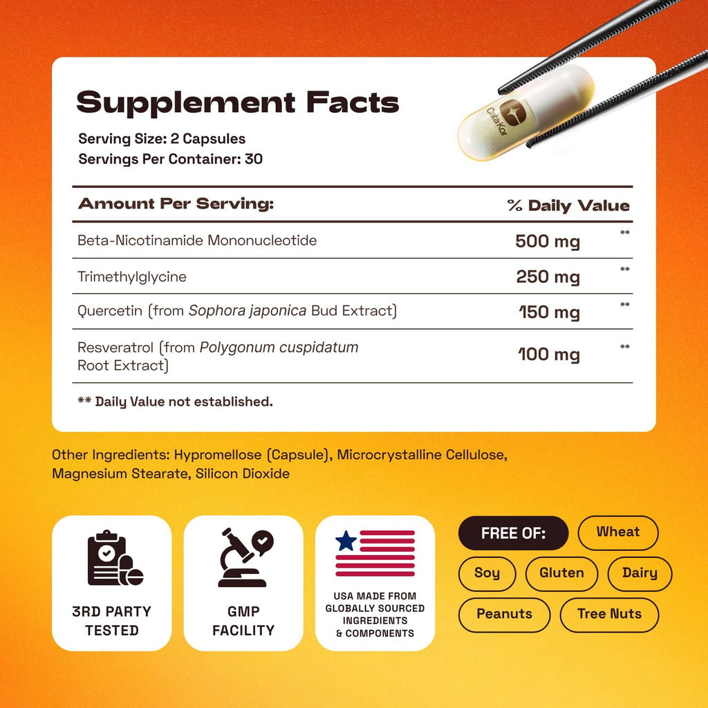 Cata-Kor NMN Supplement – 4-in-1 NAD Supplement with Quercetin | TMG | Resveratrol – NMNH Alternative – Supports Cellular Energy & NAD+ Levels – 60 Capsules – Third-Party Tested (1 Pack) Cata-Kor Au supplements