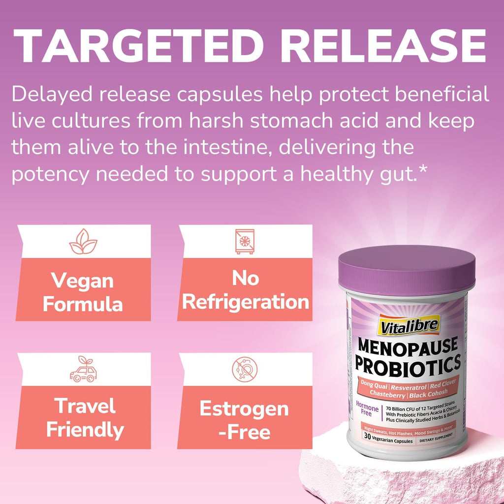 Vitalibre Menopause Probiotics for Women 70 Billion CFU, 12 Targeted Strains, Organic Prebiotics, Black Cohosh Resveratrol Red Clover Chasteberry Dong Quai, Hot Flash Night Sweat+, No Estrogen, 30 Ct Vitalibre Au supplements