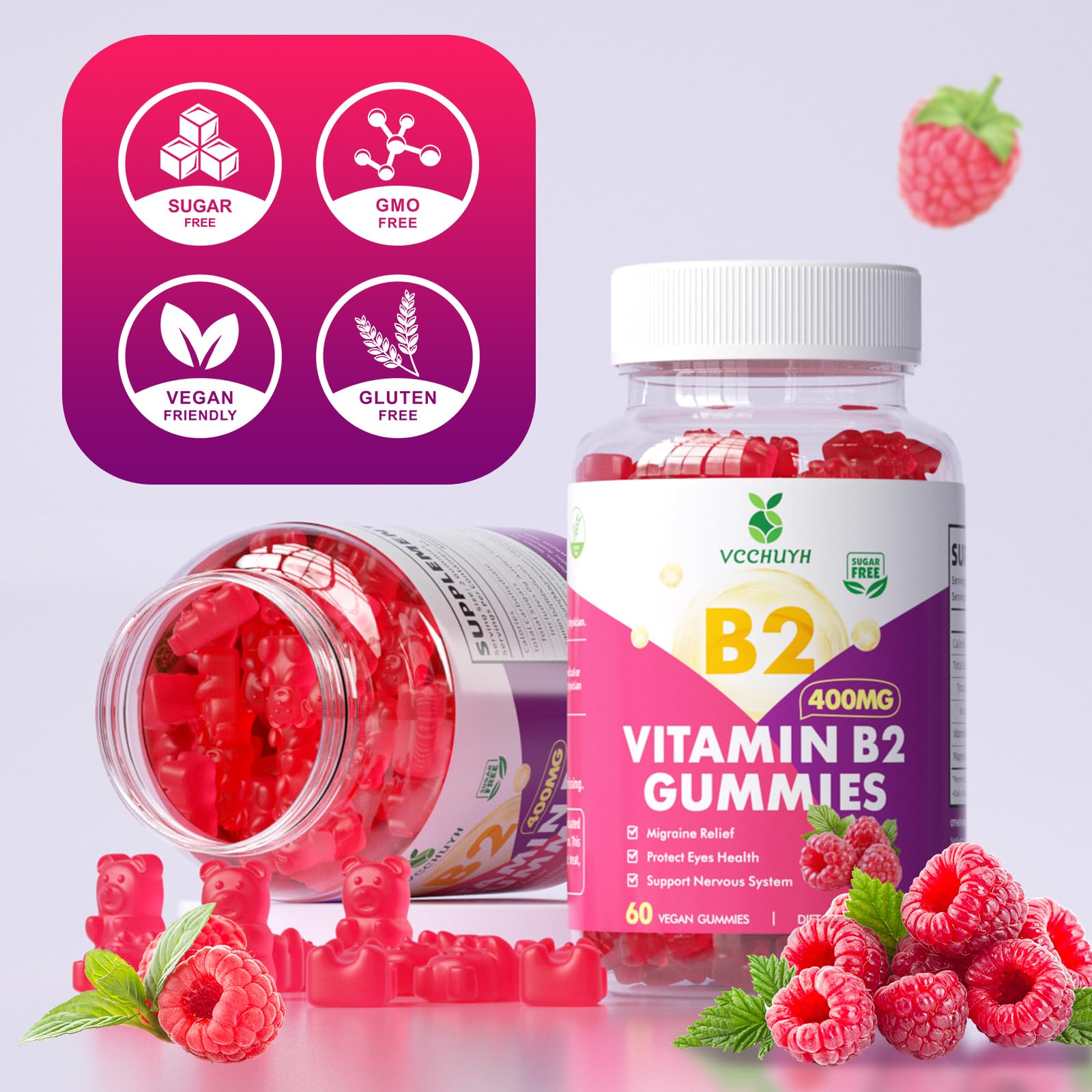 VCCHUYH Vitamin B2 Gummies for Kids & Adults, VIT B2 Riboflavin 400mg Supplement with Magnesium for Migraine Relief & Nervous System Support, Non-GMO