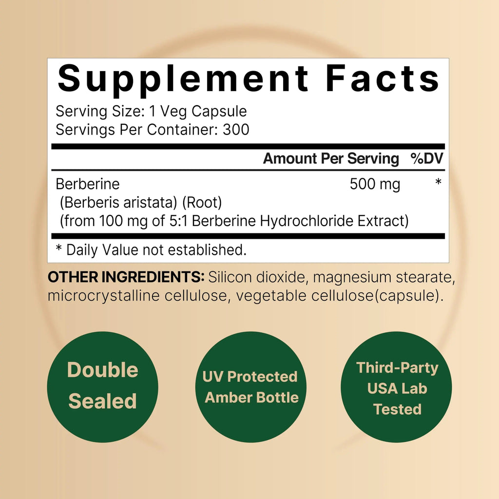 Berberine Supplement 500mg | 300 Veggie Capsules, 97% Pure Berberine HCL – 5:1 Root NatureBell Au supplements